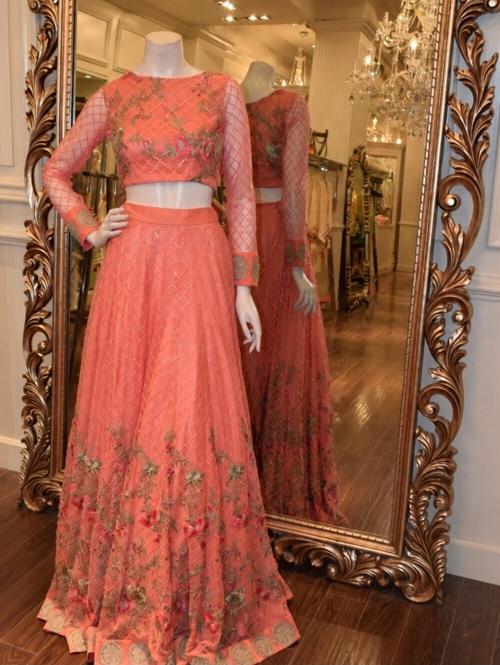​Floral Embroidered Mesh 2pc Set Lined Lace Maxi Dress Pink Coral Sequin Luxury